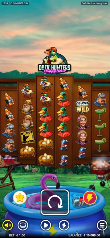 Duck Hunters Happy Hour slot base game full grid view with duck hunt theme