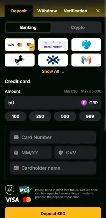 Deposit interface showing PayPal Visa Apple Pay for Duck Hunters casino