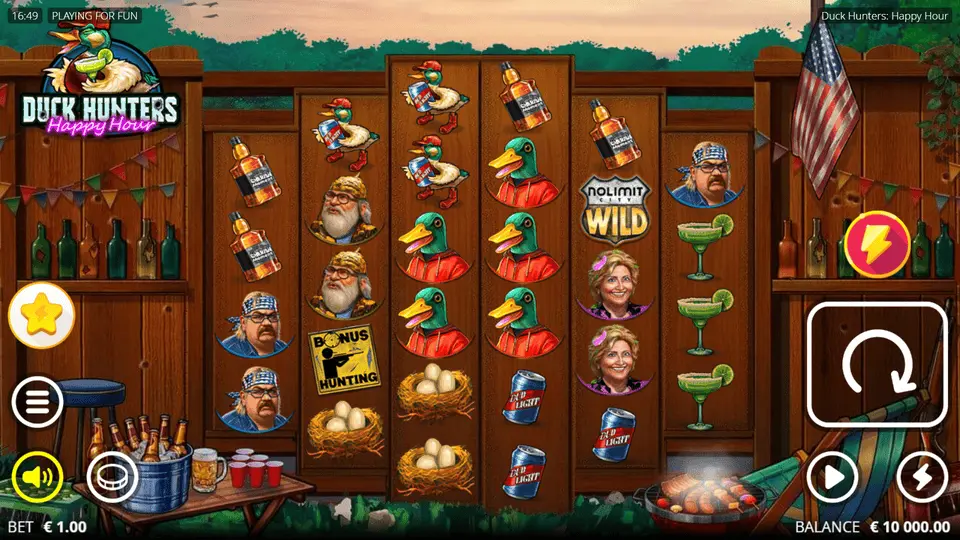 Duck Hunters Happy Hour slot base game showing hunting lodge bar with diamond-shaped grid