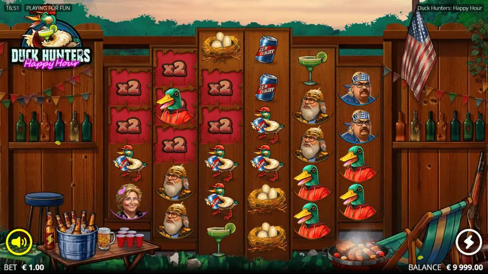 Duck Hunters Happy Hour casino grid showing multiple position multipliers building during cascades
